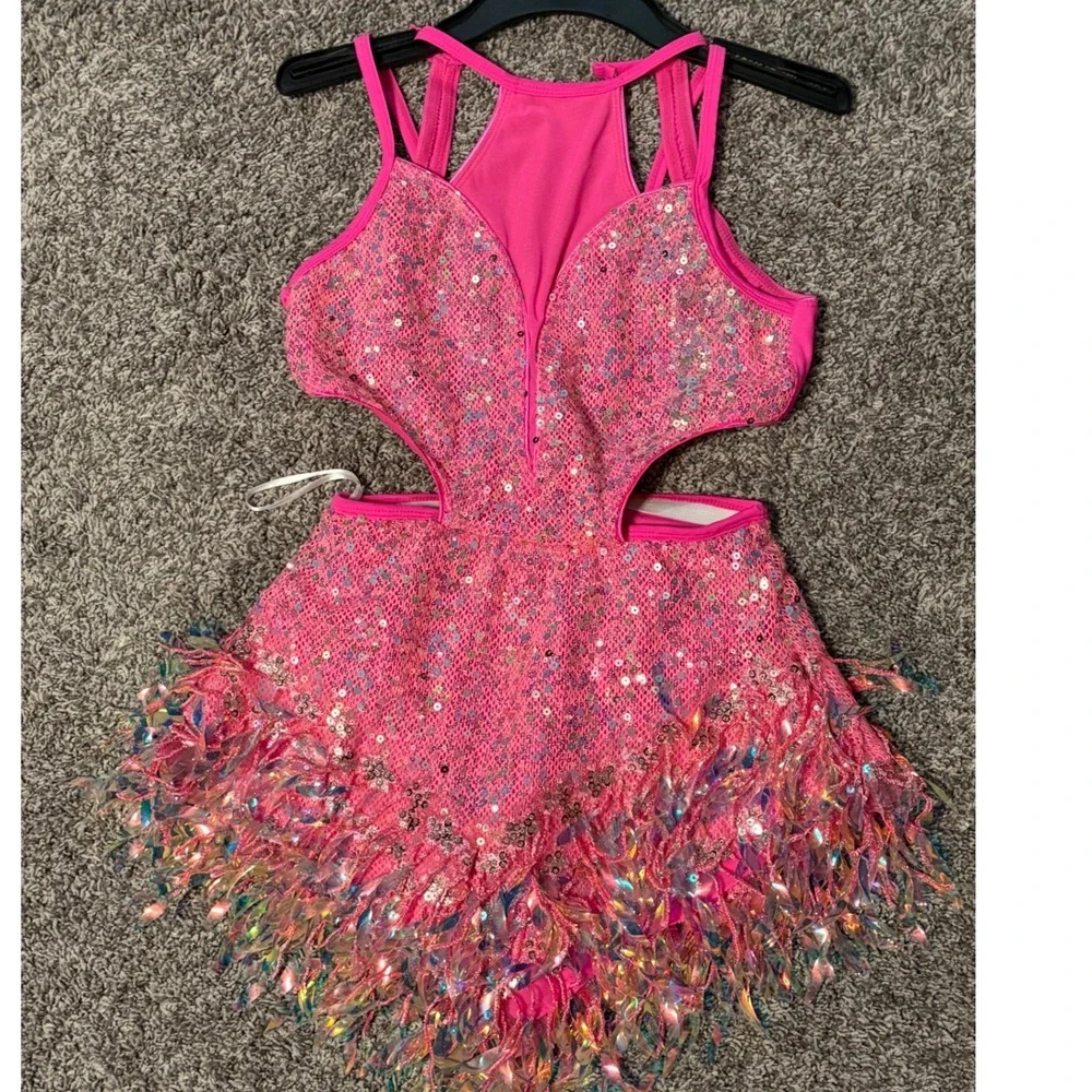 Tenth House Essence Hot Pink Sequin Dance Leotard Iridescent Fringe Costume SA